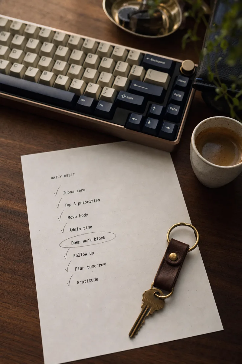 A keyboard, an approved checklist, and a key on a desk