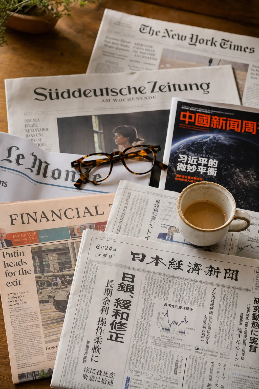 International publications spread across a desk