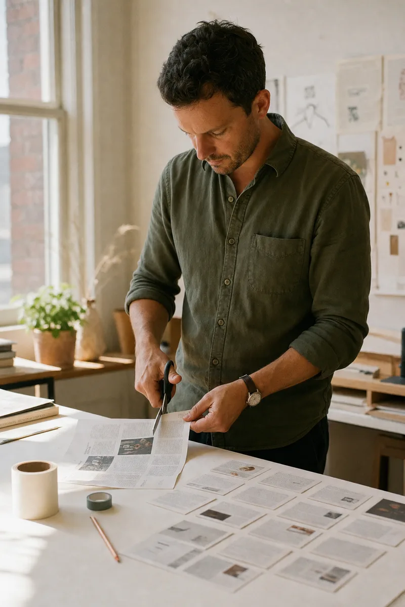 Cutting one printed article into a grid of social-post cards