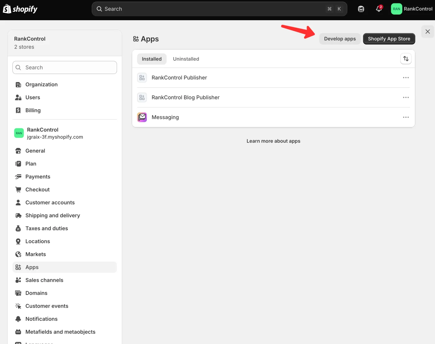 Shopify admin, Apps settings with the Develop apps button