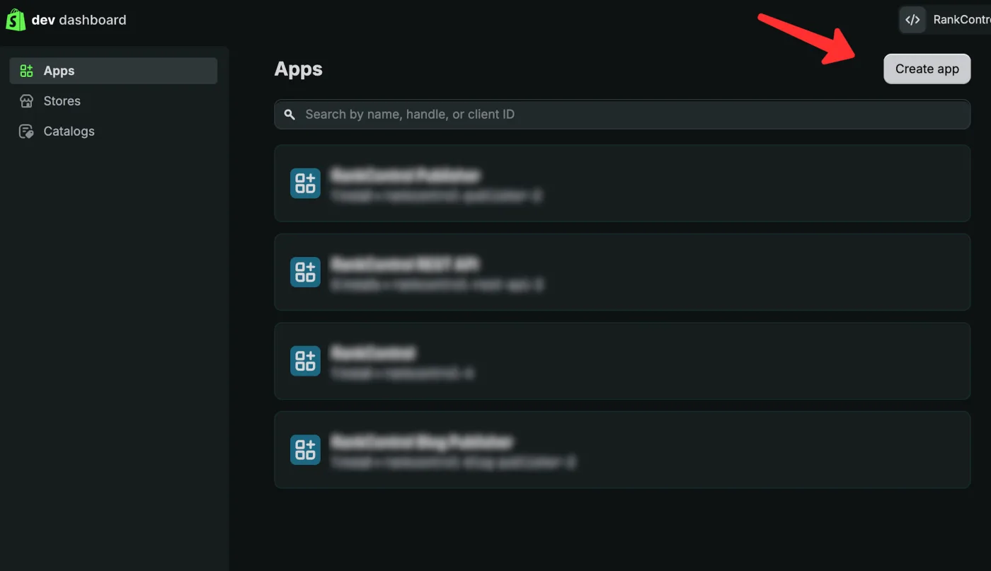 Dev Dashboard apps list with the Create app button