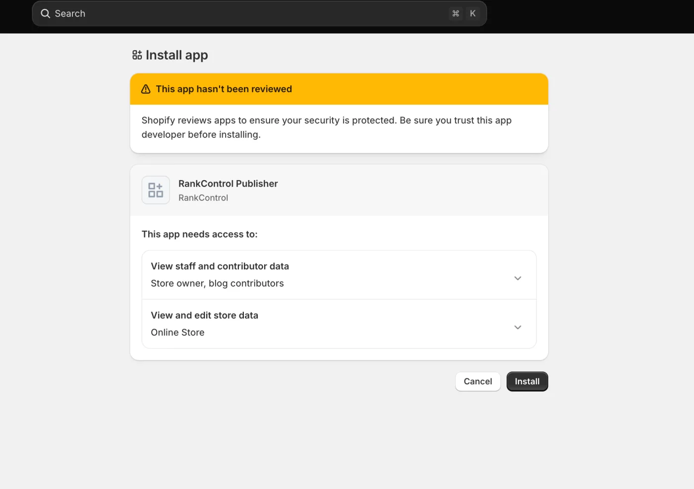 Install confirmation with the expected review banner