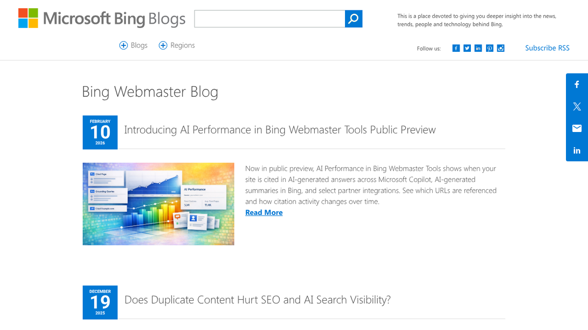 Bing Webmaster Tools AI Performance announcement showing citation tracking across Copilot and Bing AI summaries
