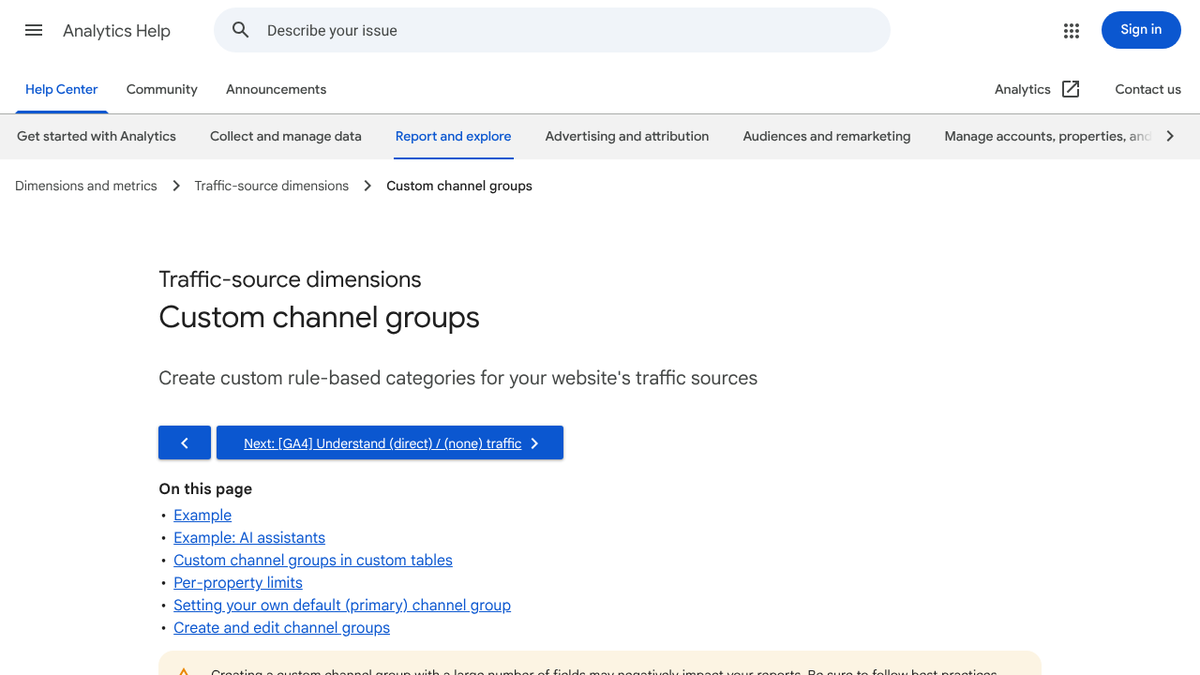 Google Analytics custom channel groups documentation including the AI assistants example