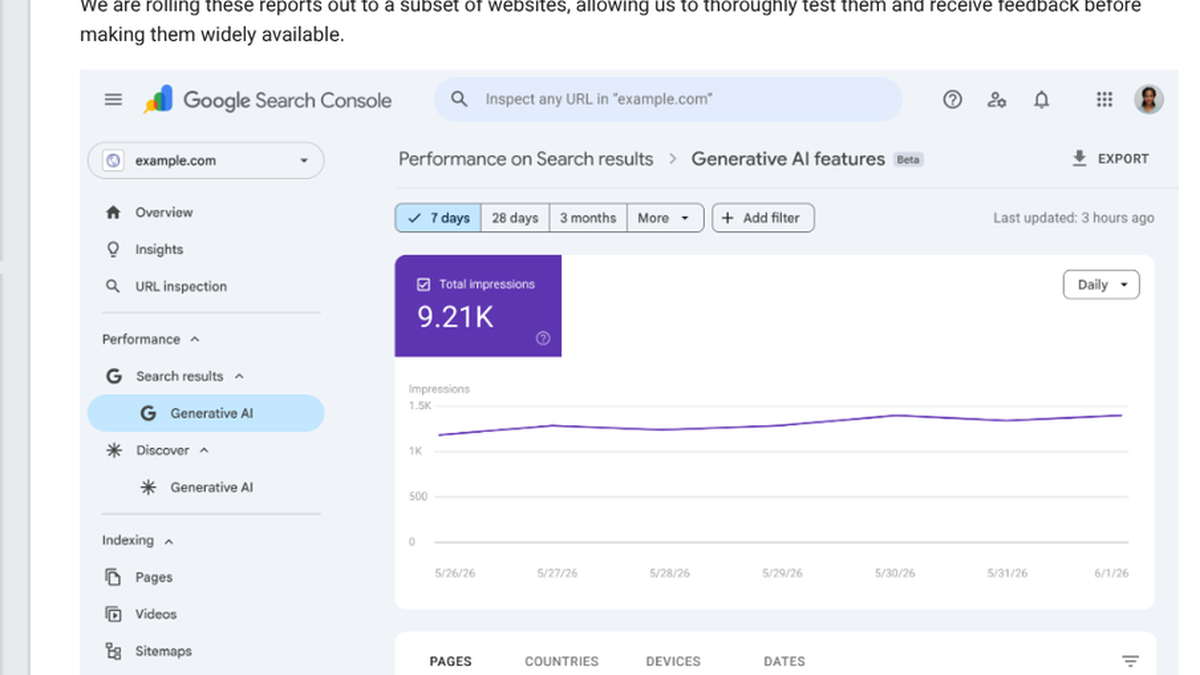 Google Search Console Generative AI features report showing impressions from AI Overviews and AI Mode