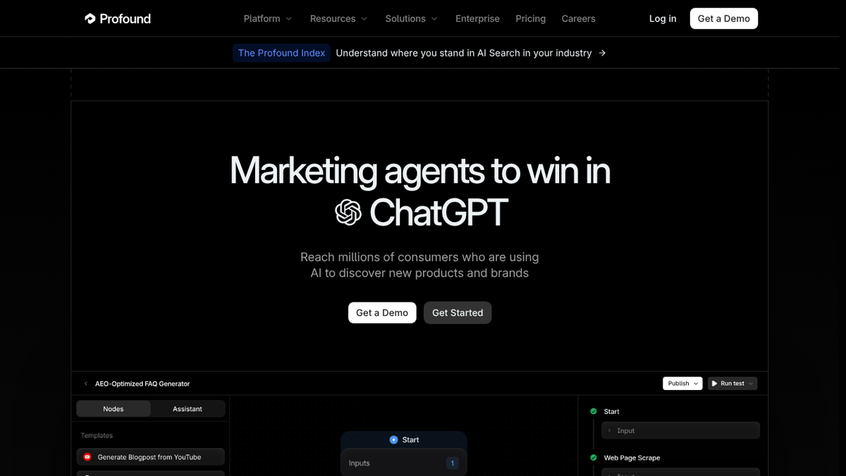 Profound homepage showing AI visibility marketing workflows and dashboard