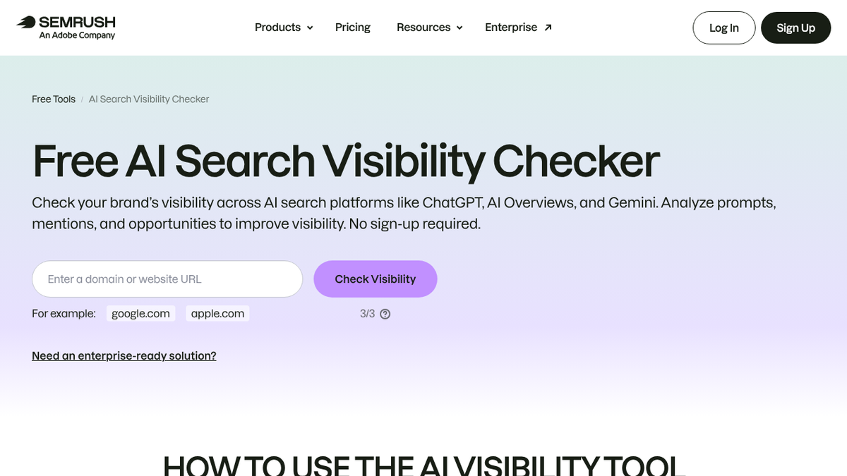 Semrush free AI Search Visibility Checker tool page