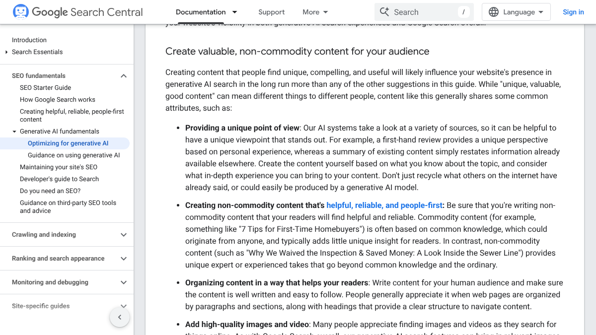 Google Search Central guide section titled Create valuable, non-commodity content for your audience, explaining that commodity content like 7 Tips for First-Time Homebuyers is based on common knowledge while non-commodity content provides unique expert or experienced takes