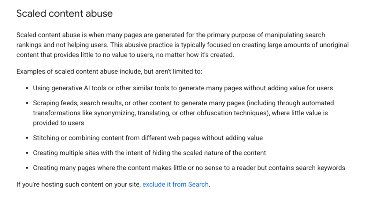 Google Search spam policies, scaled content abuse definition and examples, including using generative AI tools to generate many pages without adding value