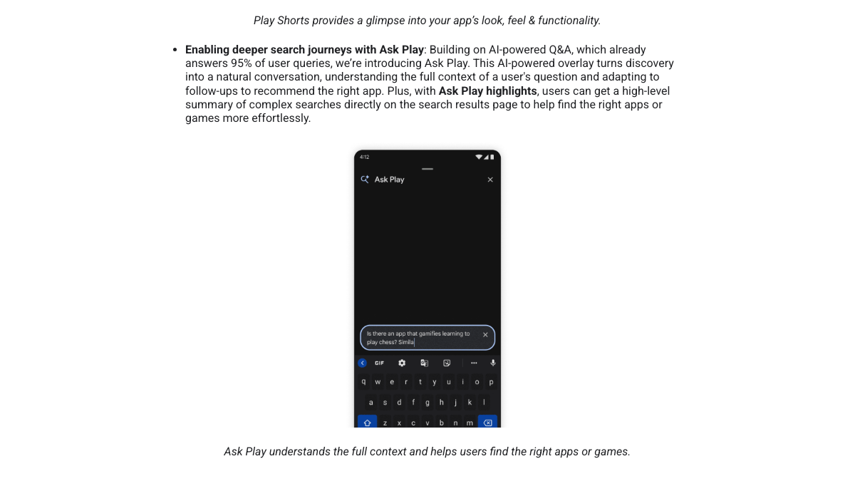 Android Developers Blog post from Google I/O 2026 introducing Ask Play, an AI-powered overlay for Google Play search built on AI-powered Q&A that already answers 95% of user queries, with a phone showing the Ask Play search box
