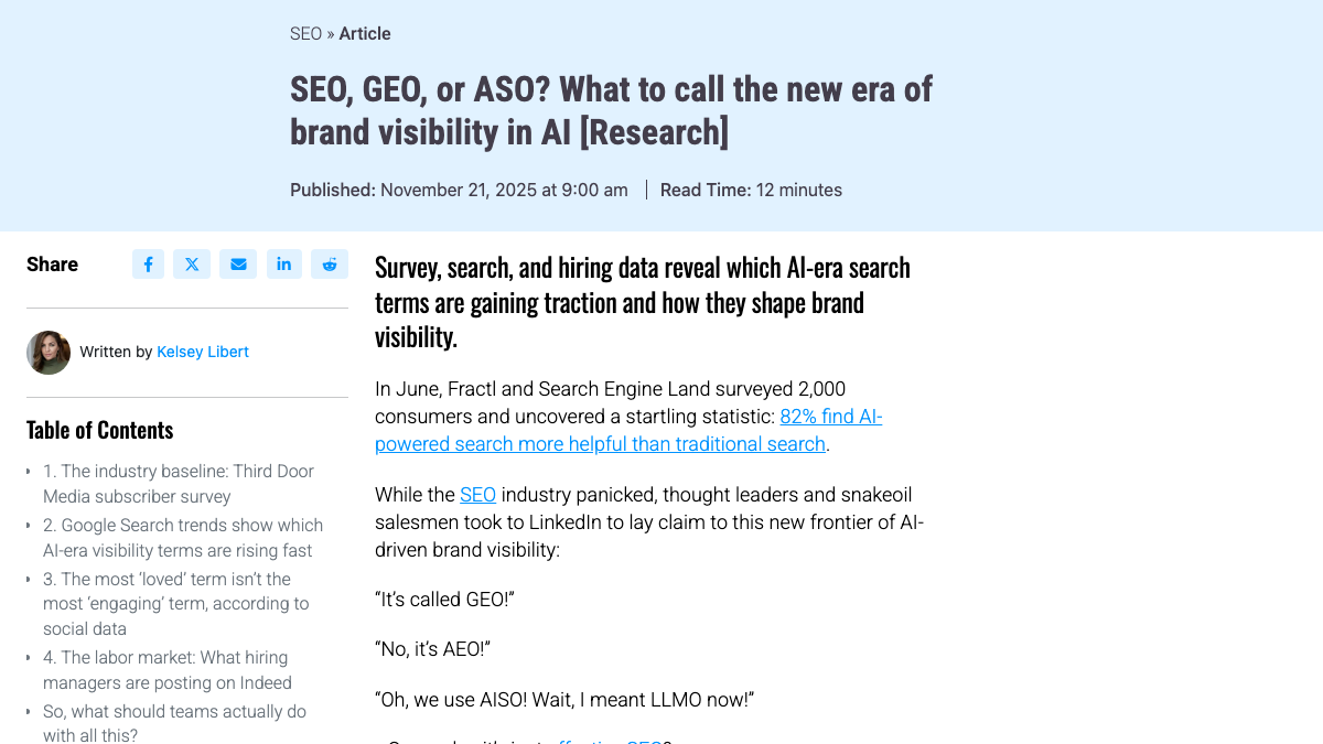 Search Engine Land article SEO, GEO, or ASO? What to call the new era of brand visibility in AI, published November 21, 2025, opening with marketers arguing it's called GEO, no it's AEO, or AISO, or LLMO