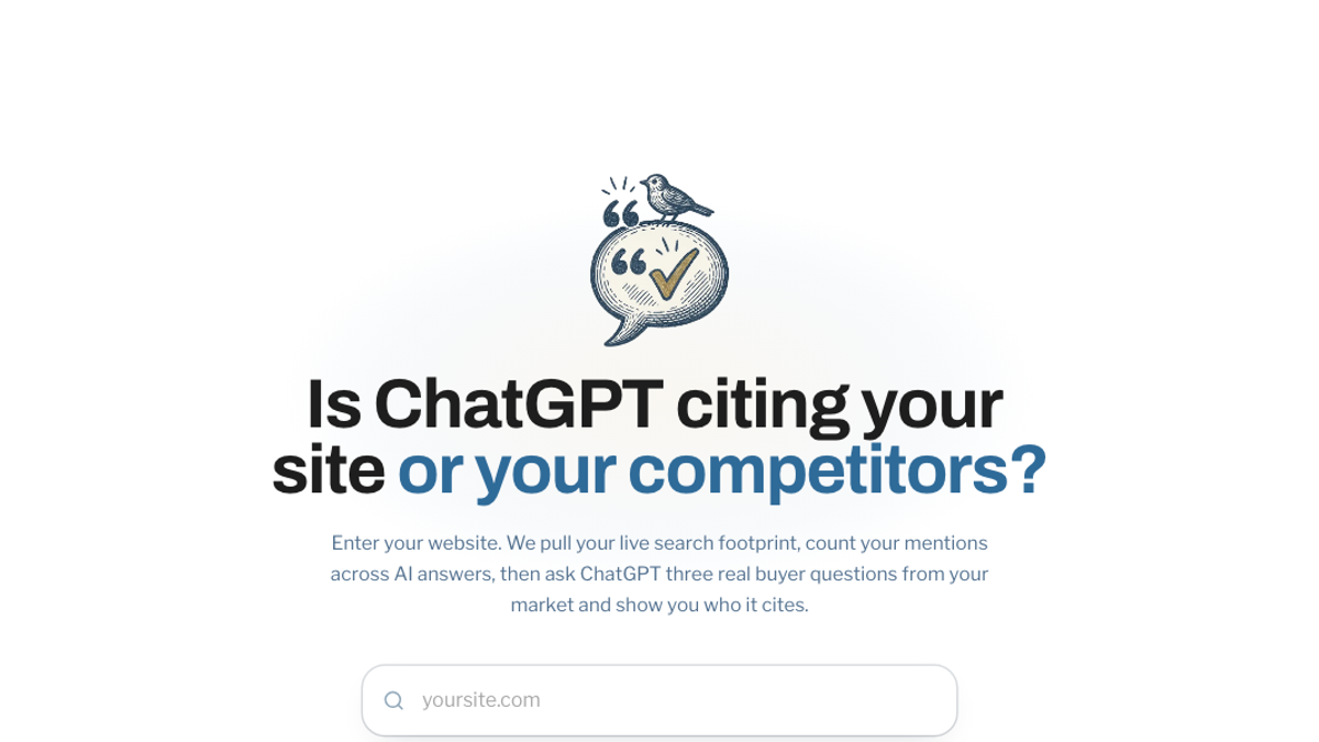 RankControl AI visibility checker page asking Is ChatGPT citing your site or your competitors, with a field to enter your website and a note that it asks ChatGPT three real buyer questions from your market