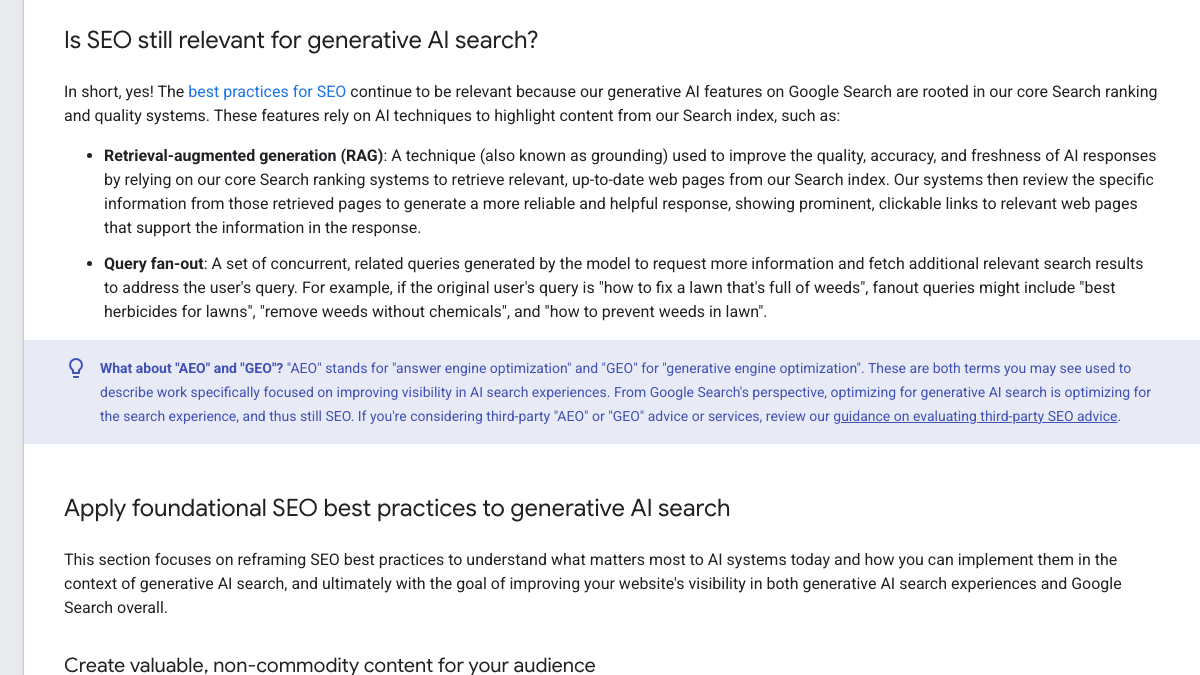 Google Search Central guide to optimizing for generative AI features, with a highlighted note titled What about AEO and GEO saying that optimizing for generative AI search is still SEO