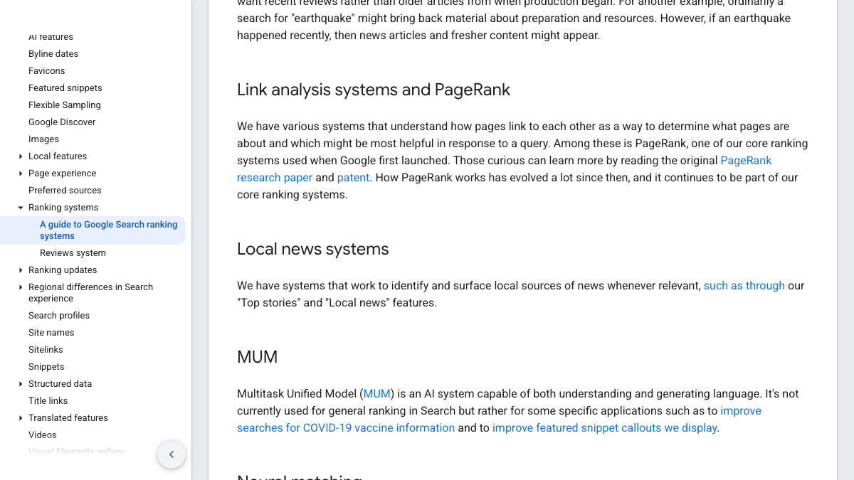 Google Search Central guide to Google Search ranking systems, section Link analysis systems and PageRank, saying Google has systems that understand how pages link to each other and that PageRank continues to be part of its core ranking systems