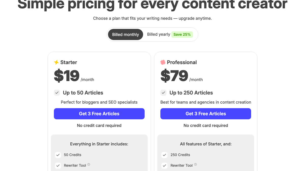 SEOWriting.ai pricing billed monthly, with Starter at $19 for up to 50 articles and Professional at $79 for up to 250