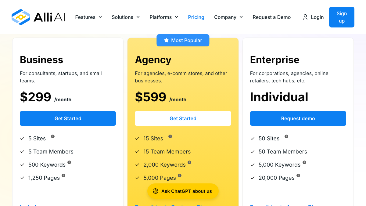 Alli AI pricing with Business at $299, Agency at $599 and Enterprise plans, showing sites, team members, keywords and pages