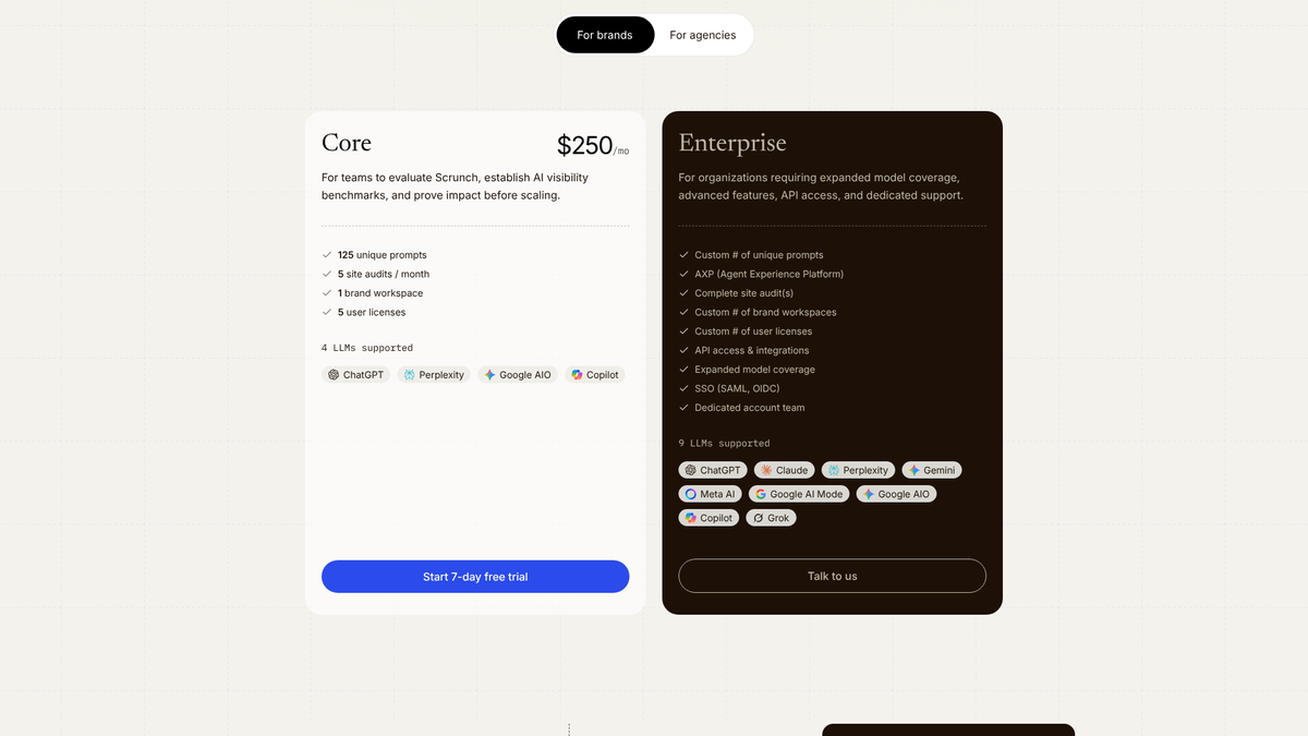 Scrunch pricing with Core at $250 a month for 125 prompts, 5 site audits and 4 LLMs, and Enterprise with AXP and 9 LLMs