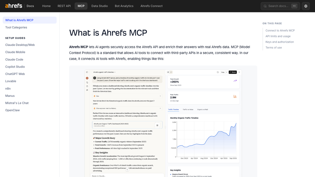 Ahrefs MCP documentation page explaining that Ahrefs MCP lets AI agents access the Ahrefs API, with a Claude usage example