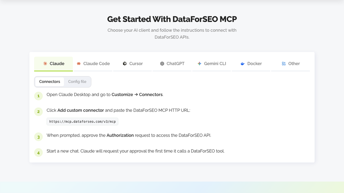 DataForSEO MCP setup page with connection steps for Claude, Claude Code, Cursor and ChatGPT, including the hosted MCP URL