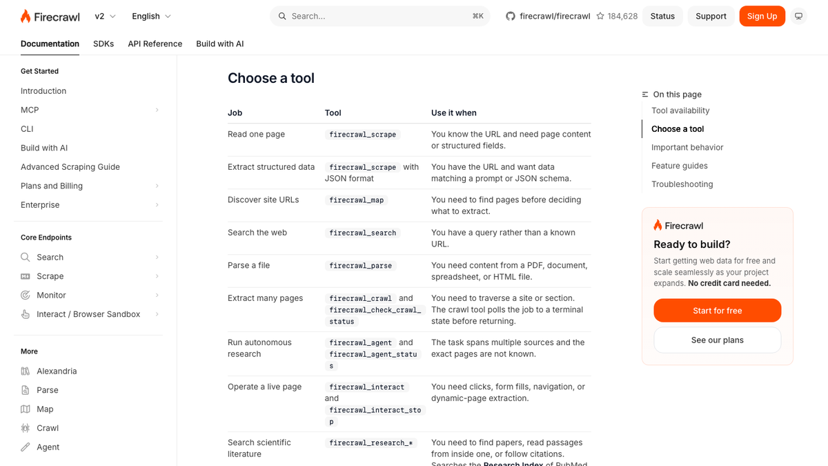 Firecrawl documentation page titled Choose a tool, mapping jobs like scraping, crawling and searching to Firecrawl tools