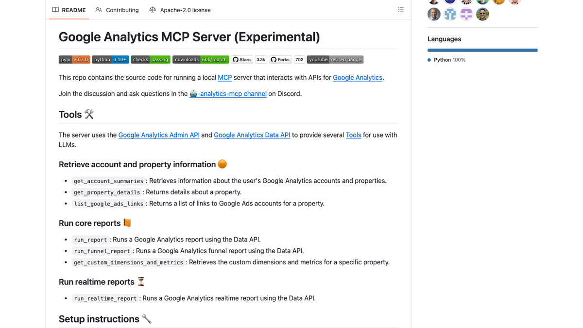 GitHub repository for Google's official Google Analytics MCP Server, marked Experimental, listing its reporting tools