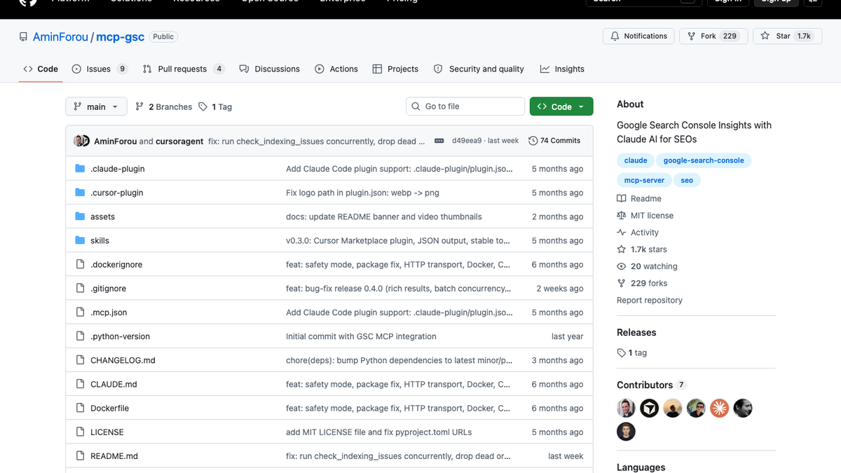 GitHub repository for mcp-gsc, a Google Search Console MCP server for SEOs, with about 1.7k stars