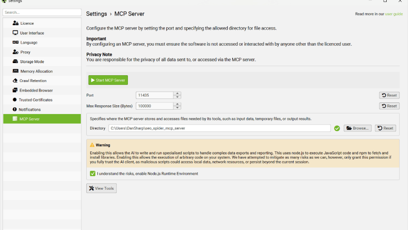 Screaming Frog SEO Spider settings screen for the MCP server, with port settings and a warning about enabling Node.js scripts