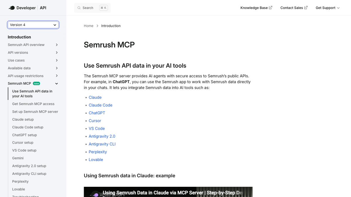 Semrush developer documentation for the Semrush MCP server, listing setup guides for Claude, ChatGPT, Cursor, VS Code and Perplexity