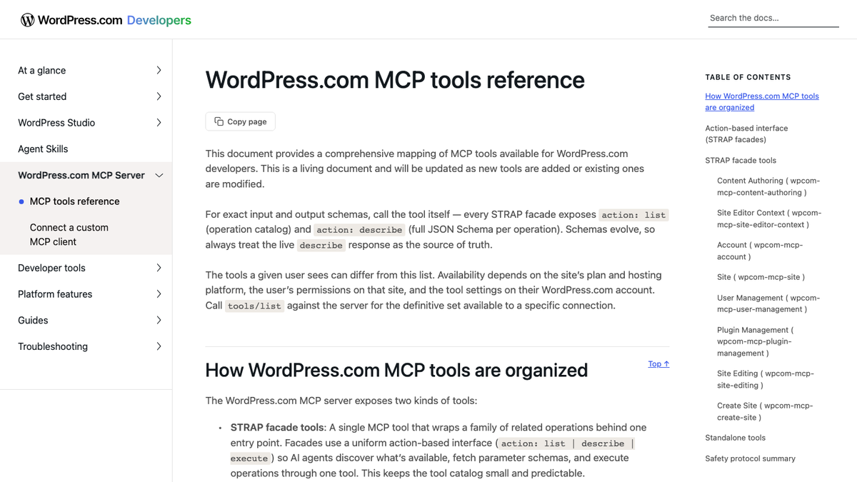 WordPress.com MCP tools reference page describing the tool catalog, including content authoring tools for posts and pages