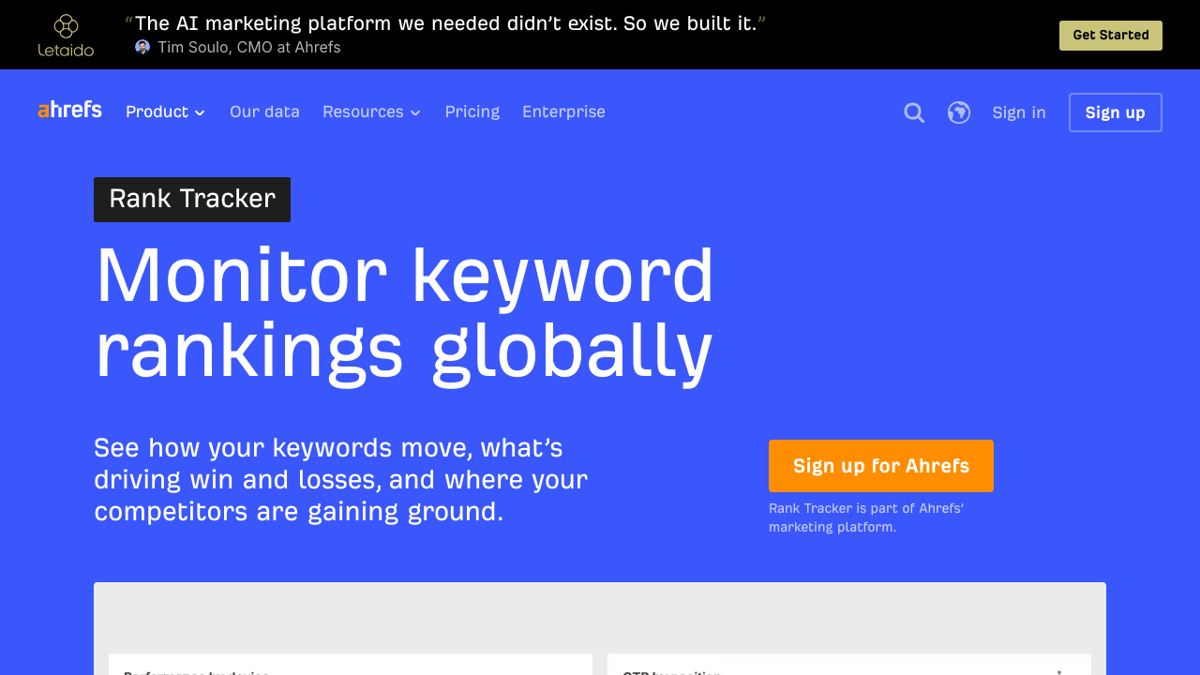 Ahrefs Rank Tracker page headlined monitor keyword rankings globally