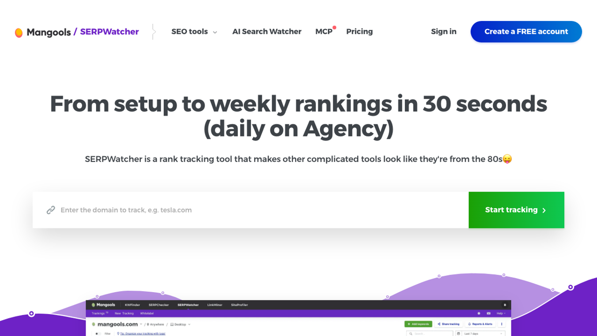 Mangools SERPWatcher page advertising weekly rankings, daily on the Agency plan
