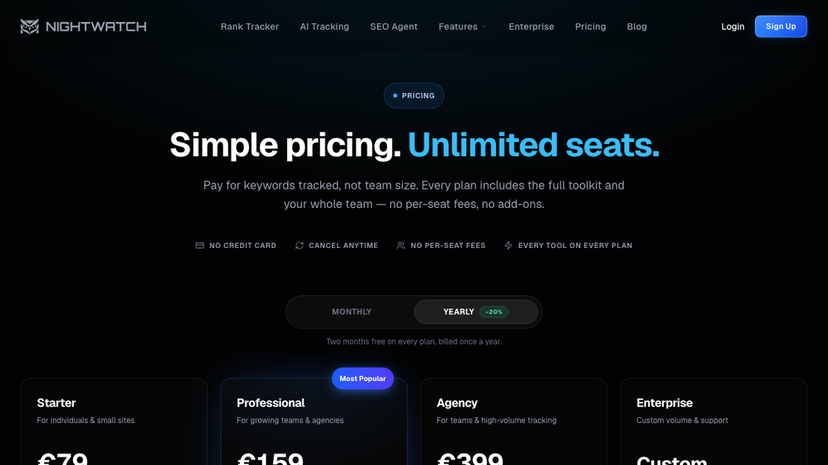 Nightwatch pricing page headlined simple pricing, unlimited seats, with Starter at 79 euros a month