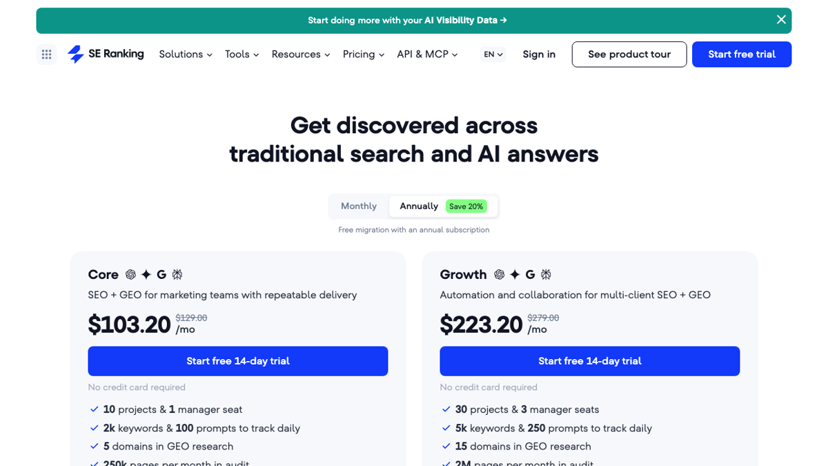 SE Ranking pricing page showing Core at $103.20 a month billed yearly with 2,000 keywords and 100 prompts tracked daily
