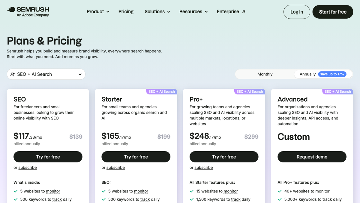 Semrush pricing page showing SEO, Starter SEO plus AI Search, Pro+ and Advanced plans billed yearly