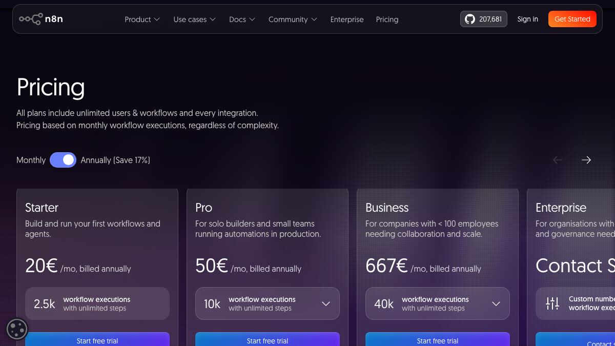 n8n pricing with Starter at 20 euros, Pro at 50 euros and Business plans, priced by workflow executions