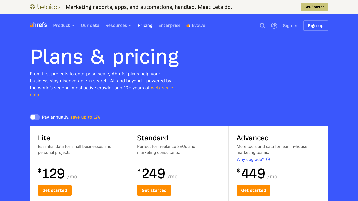 Ahrefs pricing page showing the Lite, Standard and Advanced plans at $129, $249 and $449 a month with their project and keyword limits
