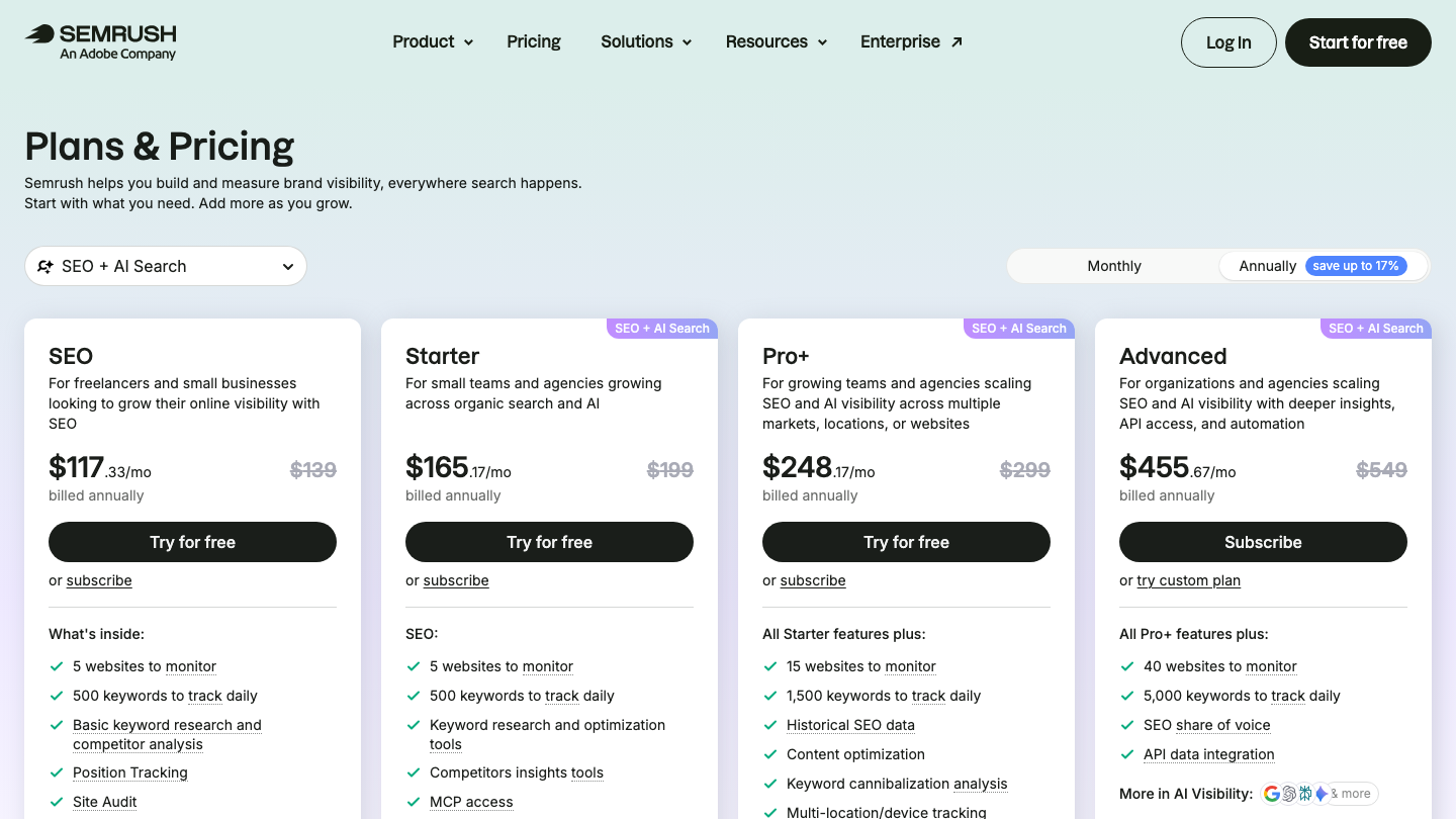 Semrush pricing page showing the SEO, Starter, Pro+ and Advanced plans with annual prices and feature lists