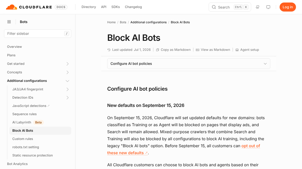 Cloudflare docs page Block AI Bots, last updated July 1, 2026, describing new defaults on September 15, 2026 that block Training and Agent bots on pages that display ads for new domains