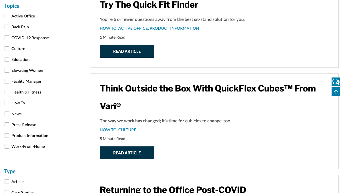 Vari's Resource Center, with topic filters including COVID-19 Response, Culture, Elevating Women, News and Press Release, and articles such as Try The Quick Fit Finder and Returning to the Office Post-COVID