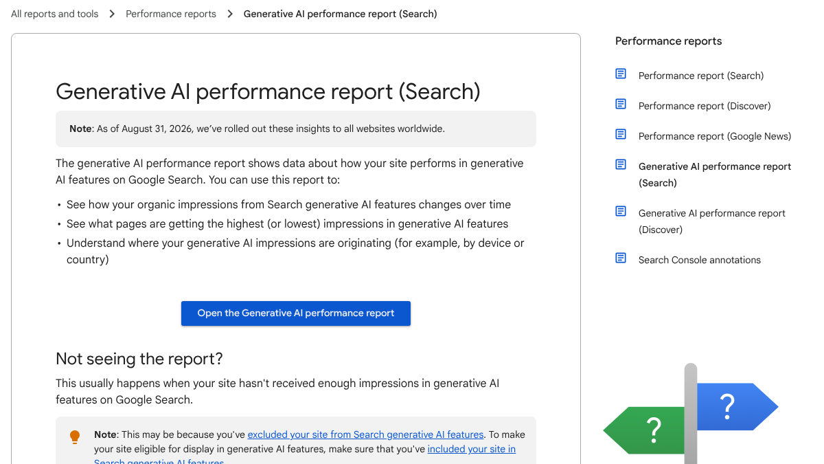 Google Search Console help page for the Generative AI performance report, noting that as of August 31, 2026 the insights rolled out to all websites worldwide, and listing what the report shows, including impressions over time, top pages and device or country