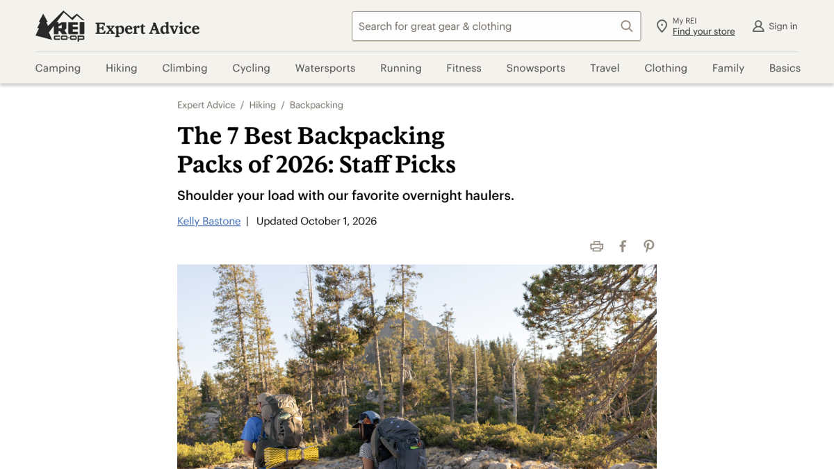 REI Expert Advice article titled The 7 Best Backpacking Packs of 2026: Staff Picks, with a named author, Kelly Bastone, and an update date of October 1, 2026