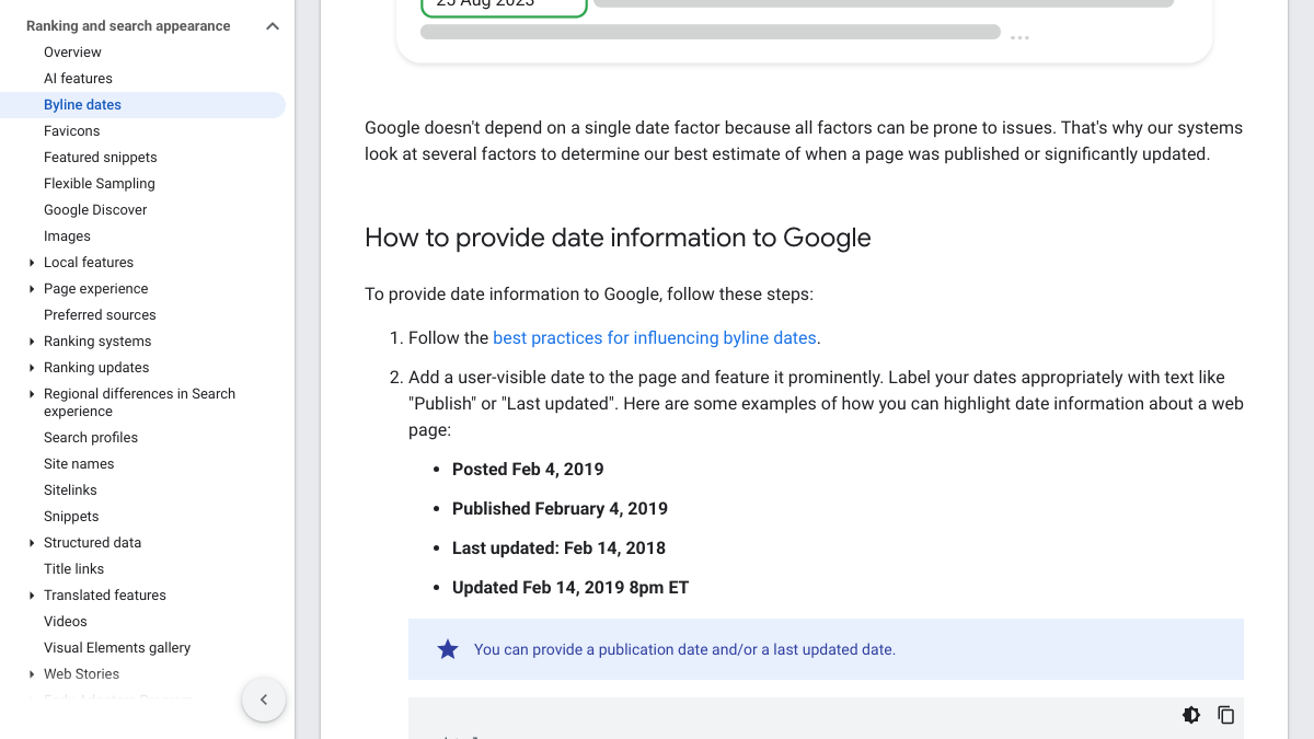 Google Search Central documentation on byline dates, saying Google looks at several factors to estimate when a page was published or significantly updated