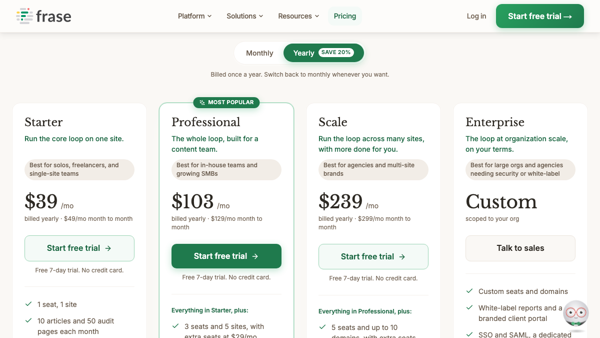 Frase pricing page showing Starter at $39, Professional at $103 and Scale at $239 a month billed yearly, each with a free 7-day trial and no credit card