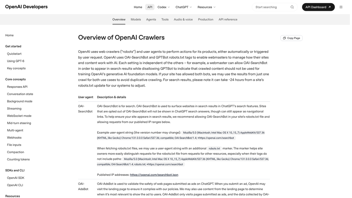 OpenAI's crawler documentation page describing OAI-SearchBot as the crawler for ChatGPT search, with its user-agent string and published IP addresses