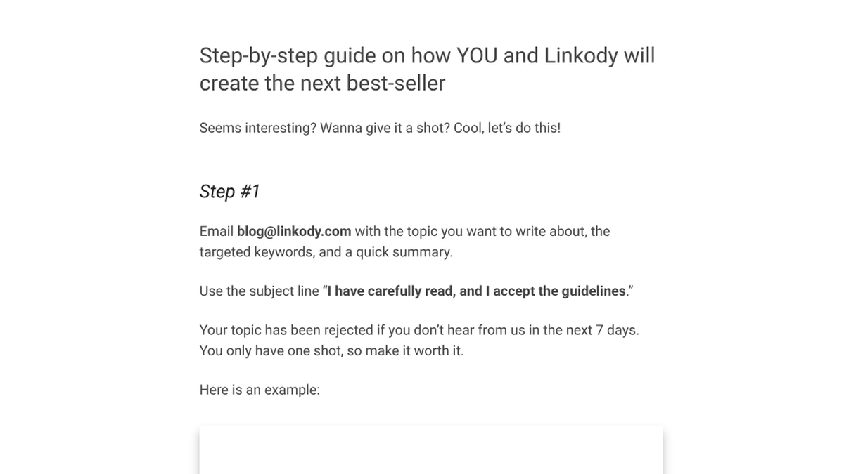 Linkody guest post guidelines, Step 1, asking writers to email their topic, keywords and summary with the subject line I have carefully read, and I accept the guidelines, and saying the topic has been rejected if there is no reply in 7 days
