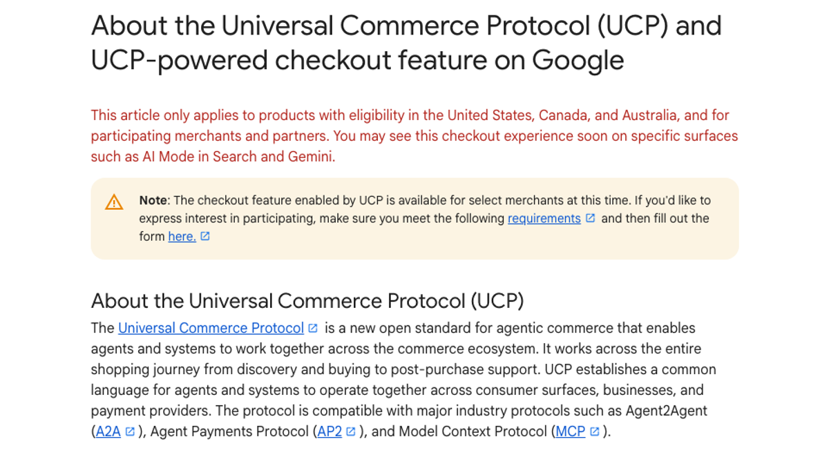 Google Merchant Center Help page About the Universal Commerce Protocol (UCP) and UCP-powered checkout feature on Google, describing a checkout button on eligible product listings in AI Mode and Gemini