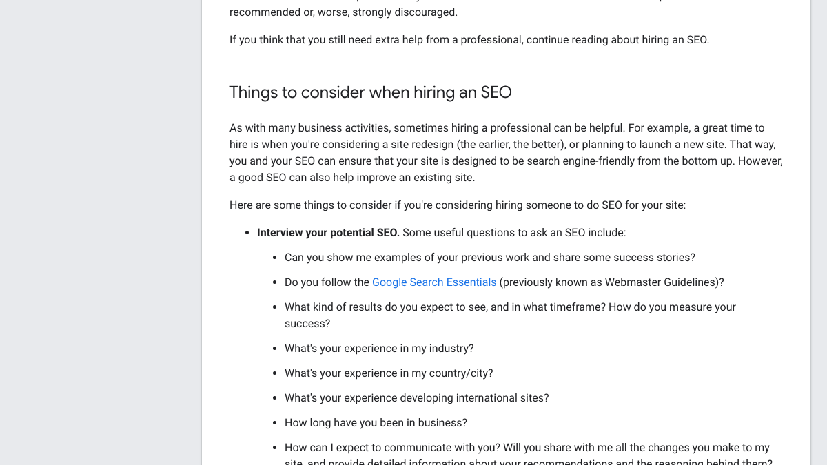 Google Search Central page Do you need an SEO, listing questions to ask a potential SEO including what kind of results do you expect to see and in what timeframe