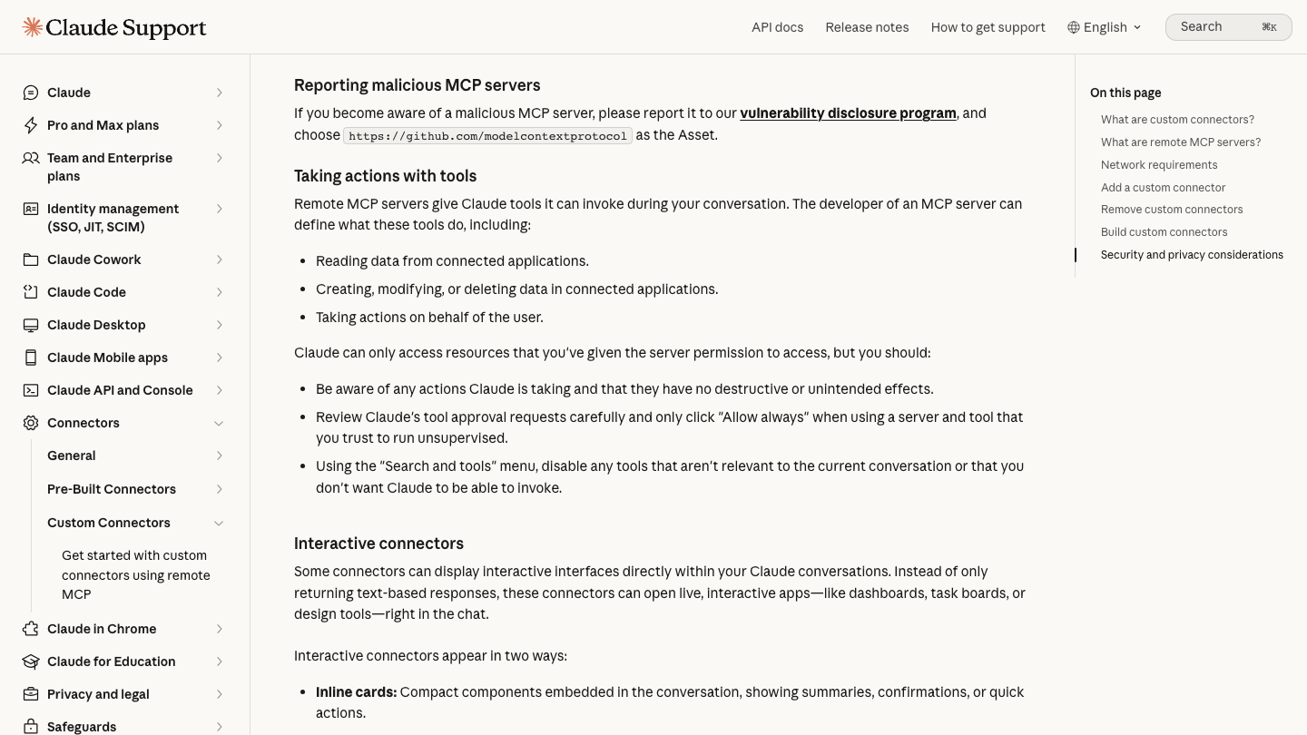 Anthropic help center section on taking actions with tools, advising users to review tool approval requests and only allow always for trusted servers
