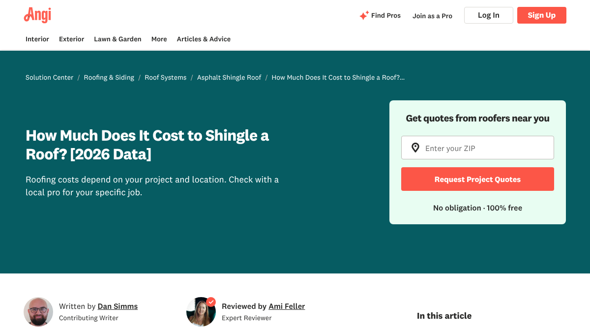 Angi cost guide titled How Much Does It Cost to Shingle a Roof? 2026 Data, with a named writer and an expert reviewer