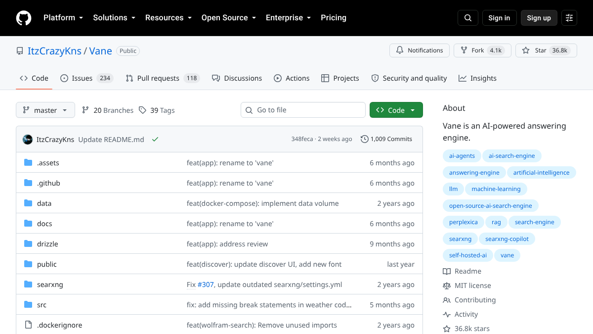The Vane GitHub repository, formerly Perplexica, showing 36.8k stars, the AI-powered answering engine description, and rename commits in the file history